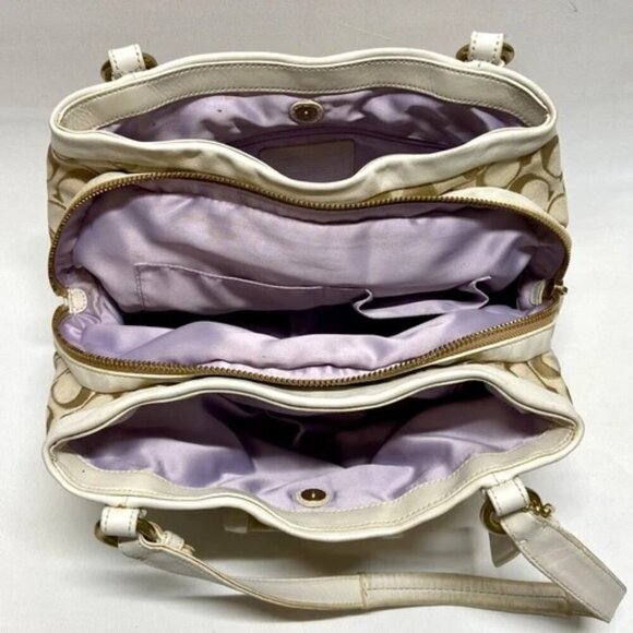 Coach Cricket 13604 Cream Tan Signature Shoulder Bag Purse Leather Trim TurnLock - Picture 9 of 15